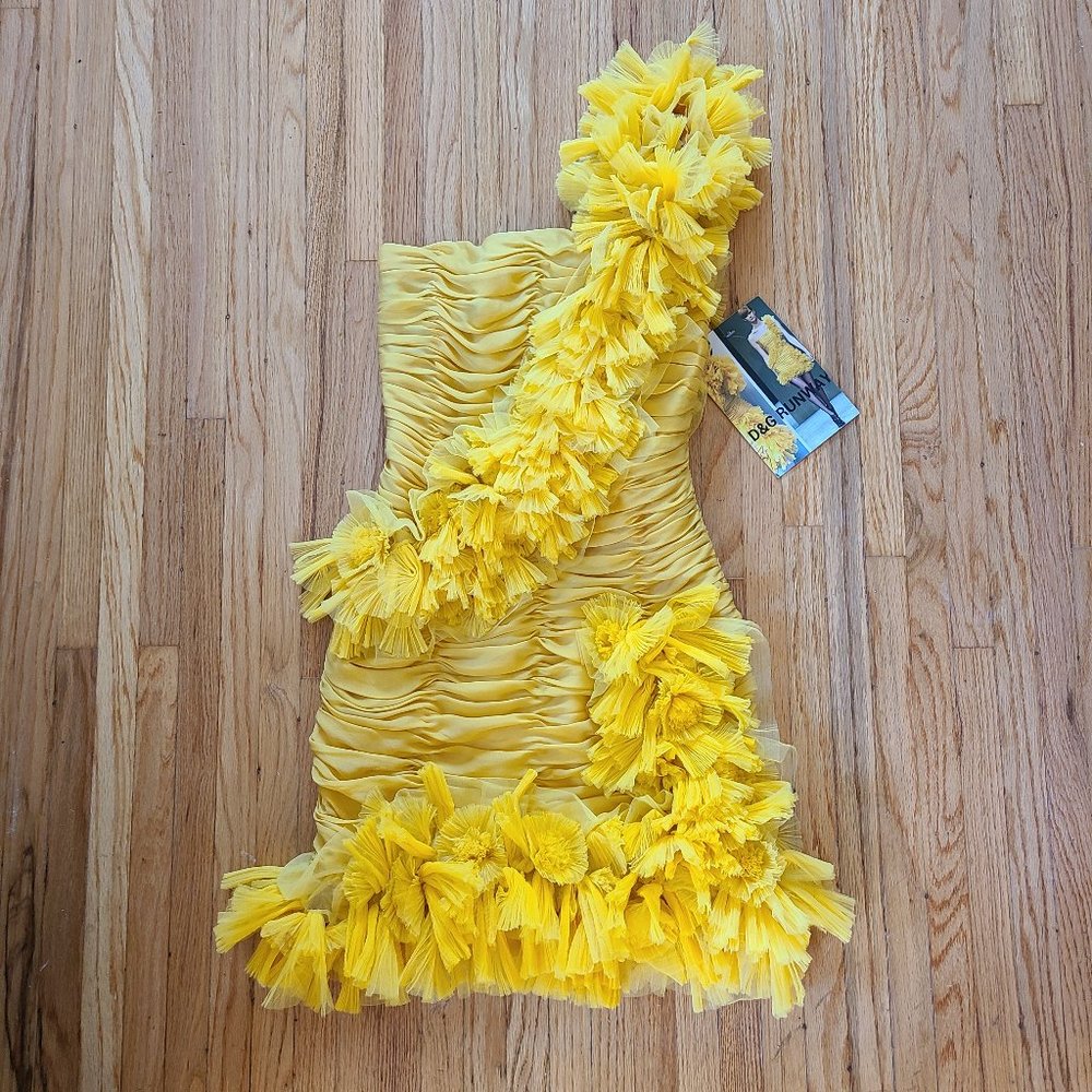 NWT D&G Runway Silk Ruffle Single Shoulder Yellow Corseted Mini Dress | XXS/XS